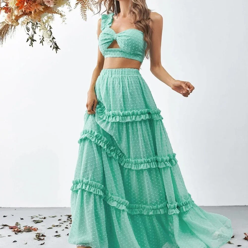 Mint Blue Swiss Dot Ruffle Trim Crop Tube Top & Layer Hem Skirt - Picture 3 of 5